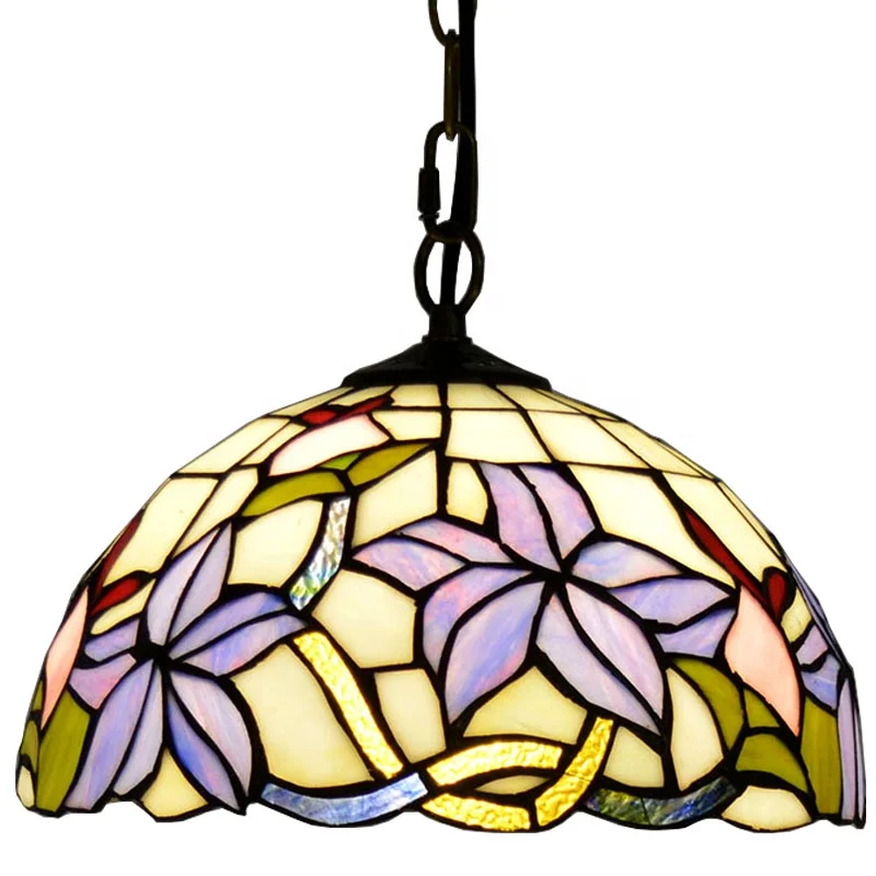 Tiffany 12Inch Middle Wide Oval Stained Glass LED Adjustable Height Warm White Hanging Rustic Victorian Pendant
