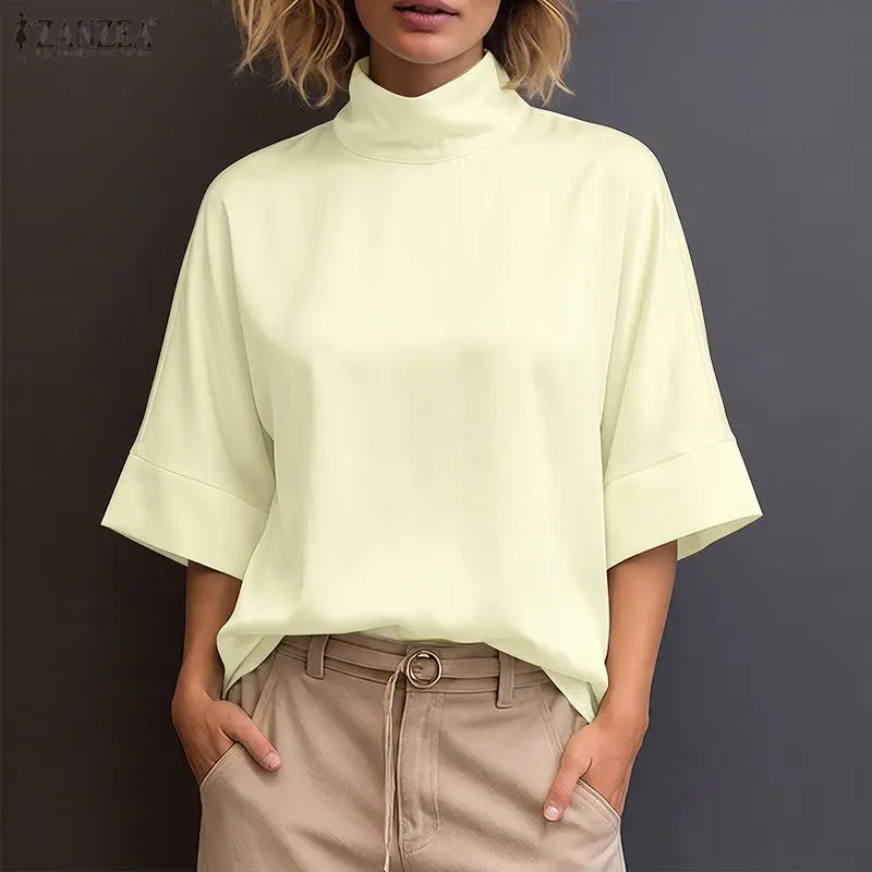 ZANZEA Woman Autumn Casual 3/4 Sleeve Blouses Mock Neck Loose Solid Shirts 2026 Vintage Daily Wear Blusas Mujer Plus Size 5XL