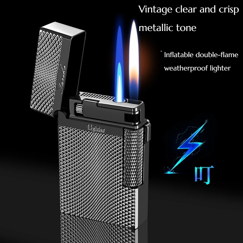 

Retro Loud Voice Steel Tone Inflatable Windproof Lighter Double Flames High Appearance Quality Fashionable Grinding Lighter