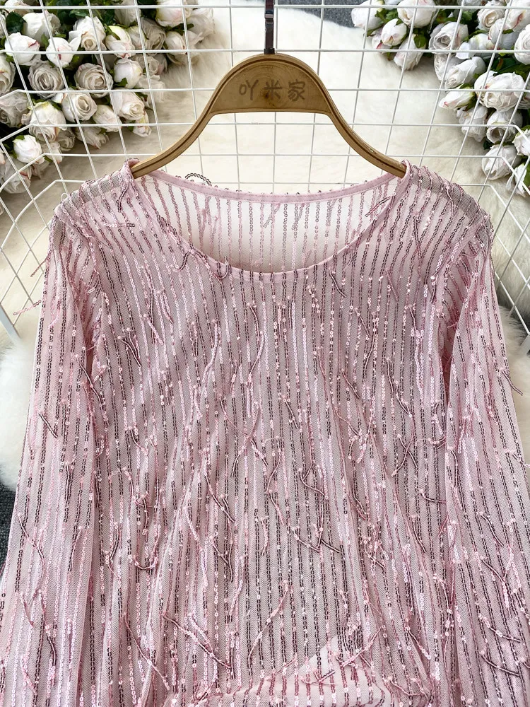 Autumn New Women's Long Sleeve T-shirt Fashion Round Neck Loose Sequin Tassel Top Versatile Breathable Mesh Sunscreen Shirt