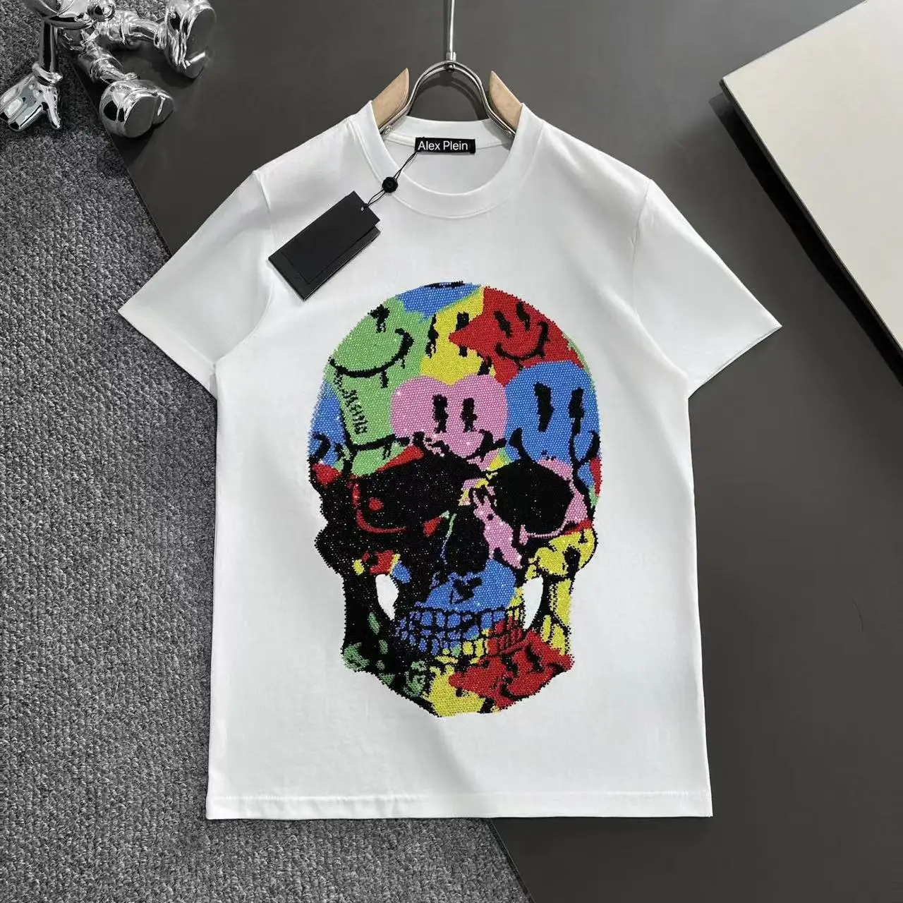 Alex Plein Men\'s Fashion Clothing Round Neck 2024 Summer Colorful Skull Head Hot Diamond Short Sleeve Couple Cotton T-shirt