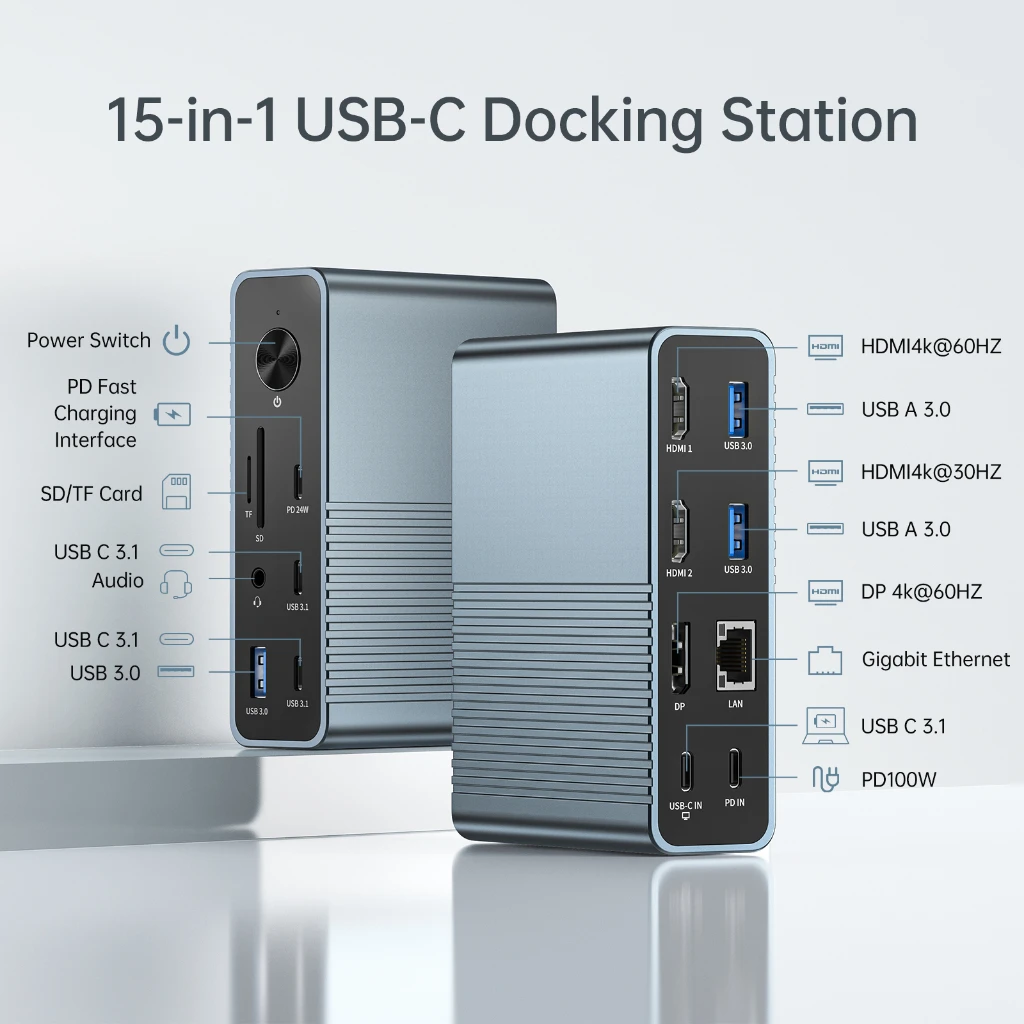 ACASIS 15-in-1 USB C Docking Station 10Gbps Type C Dock with 4K HDMI Display DP 4K@60HZ SD/TF RJ45 PD100W for Laptop Macbook Pro