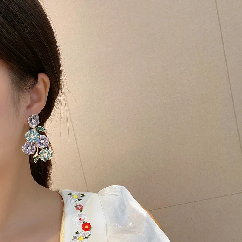 S925 Silver Needle French Elegant Colorful Zircon Flower Earring Exaggerated High-quality Drop Earrings for Women Party