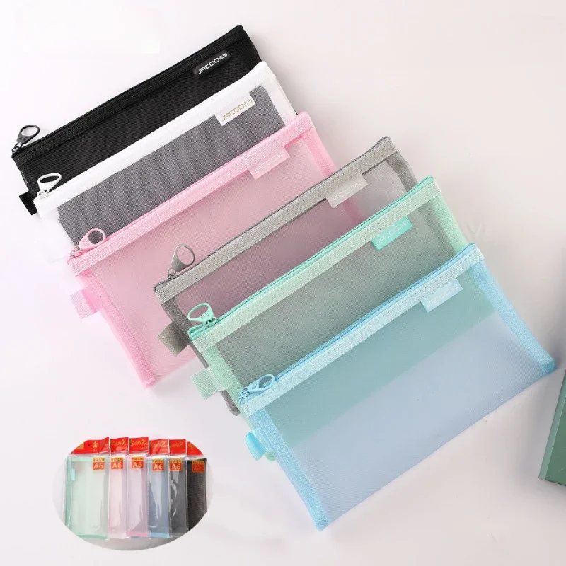 1Pcs Brushes Lipstick Makeup Organizer Clear Mesh Nylon Cosmetic Bags Solid Colour Students Stationery Pencil Case Card Pouch