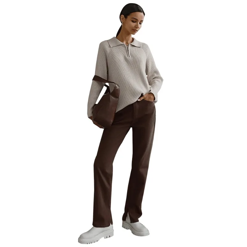 เสื้อสเวตเตอร์ถักแบบลำลอง ฤดูใบไม้ร่วง ฤดูหนาว อเนกประสงค์ เรียบง่าย มีซิป ปิดด้วยเส้นใยโพลีเอสเตอร์ เสื้อแฟชั่นผู้หญิงแบบสวม