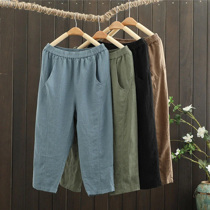 

vintage Cotton Linen Women Pants Spring Summer solid Corlor Harem Pants Solid Elastic Waist Trousers Women's Pants