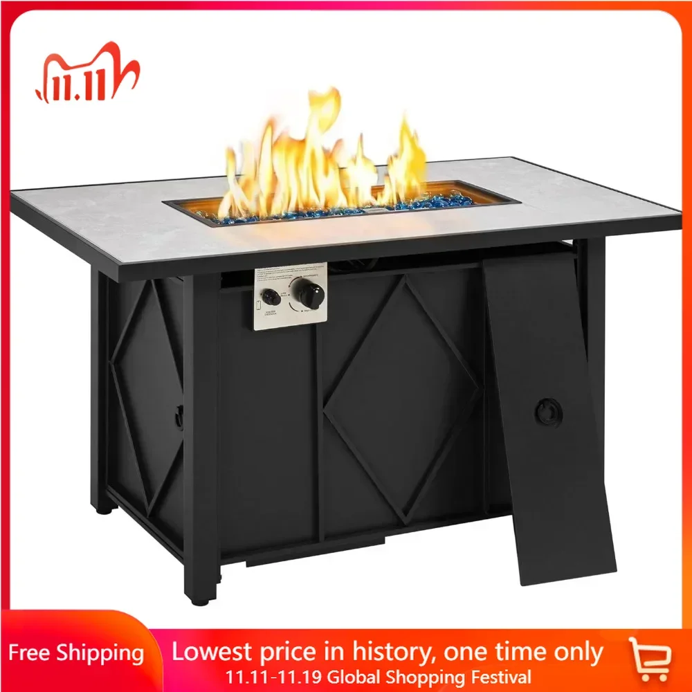 

43 inch Fire Pit Table with Ceramic Tabletop, Steel Base, Glass Fires Stone, Waterproof Cover, 2 in 1 Propane Gas Fire Pit Table