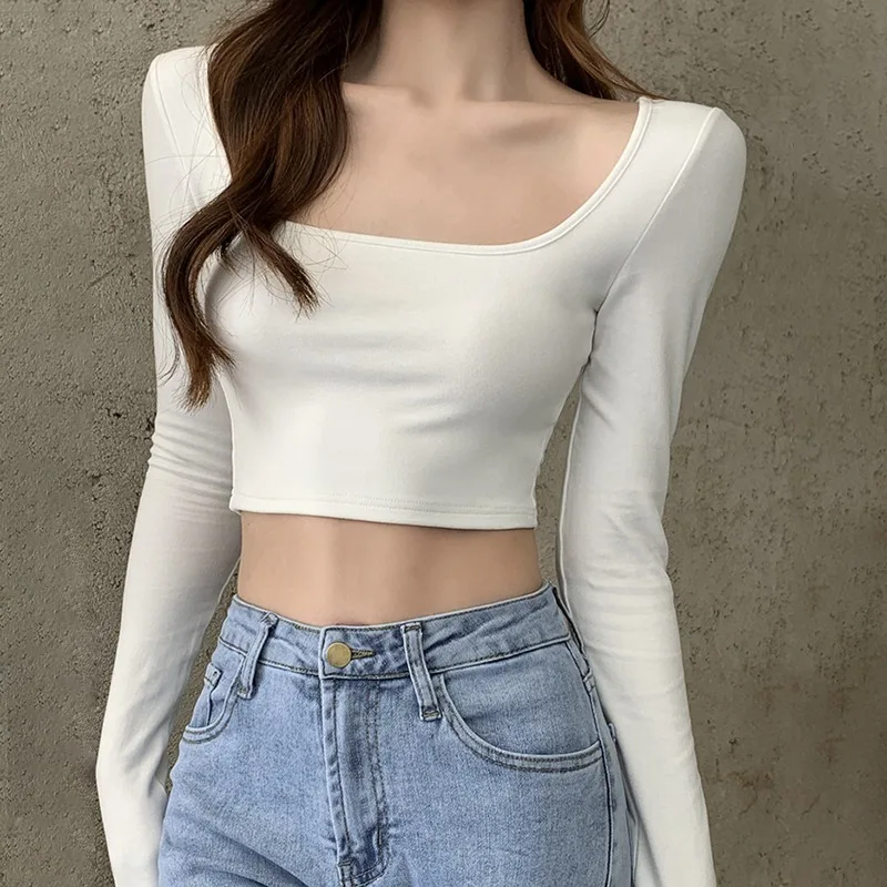 Backless Square Neck Solid Color Bottoms Women T-Shirts Long Sleeves Korean Style Tops image 6