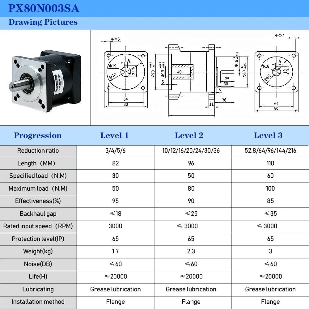 HLTNC Hochpräzises, kundenspezifisches Übersetzungsverhältnis PX80 80 mm Spur-Stirnradgetriebe, Planetengetriebe für Servomotor-Steilmotor