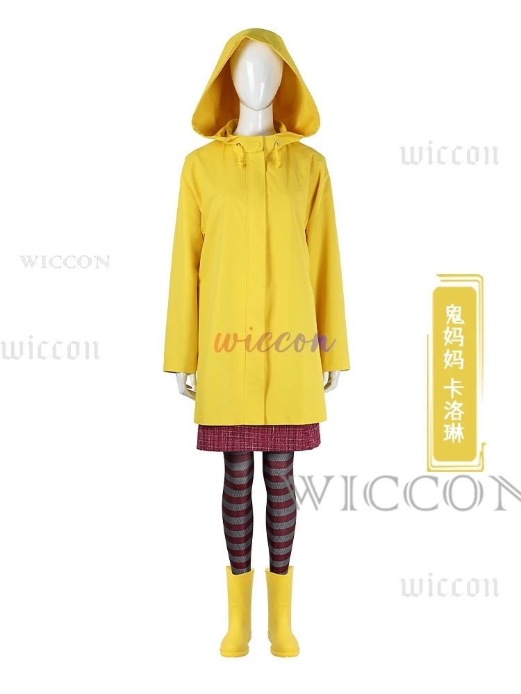 Coraline Cosplay Costume Horror Fairytale Movies Yellow Coat Secret Door Adult Halloween Party Scary Ghost Mom Caroline