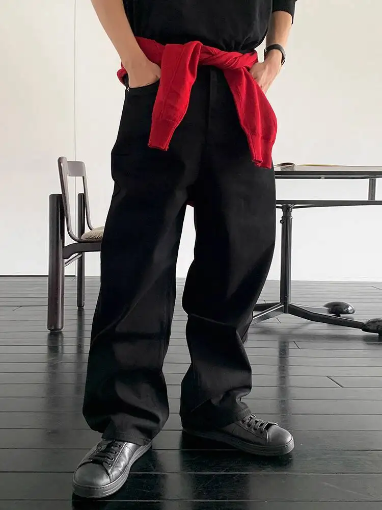 SYUHGFA 2025 الخريف النمط الأمريكي الرجال الجينز المتخصصة تصميم بلون بنطلون مستقيم واسعة الساق عادية الذكور الدنيم السراويل