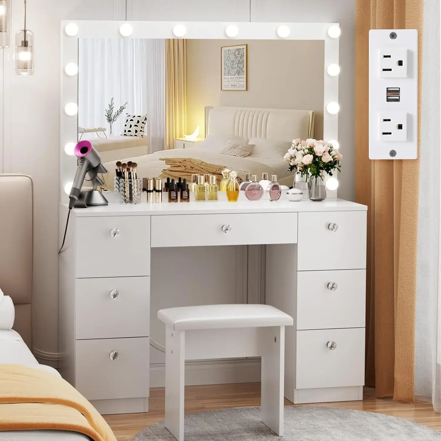 Vanity del proprietario con specchio illuminato-scrivania da trucco con presa di corrente e 7 cassetti, 3 modalità di illuminazione a colori regolabili