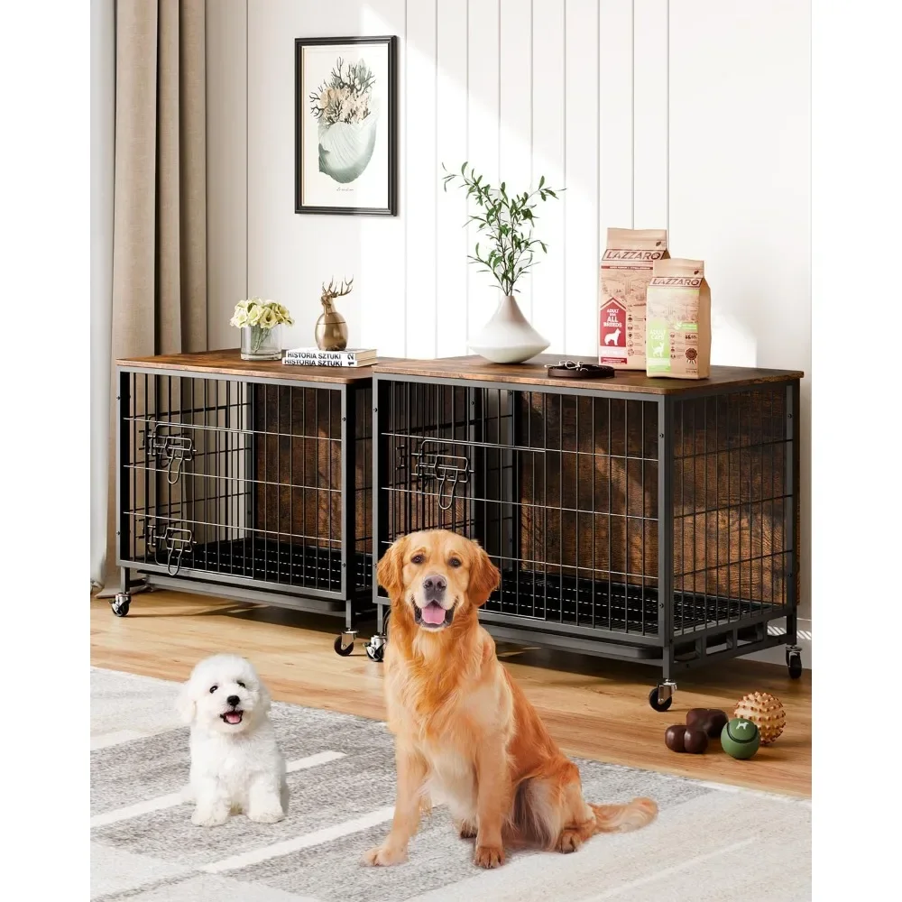 

Crate Furniture, Wooden Dog Kennel with Wheels & Double Doors, Cage End Table Upgraded, Indoor Dog Crate House