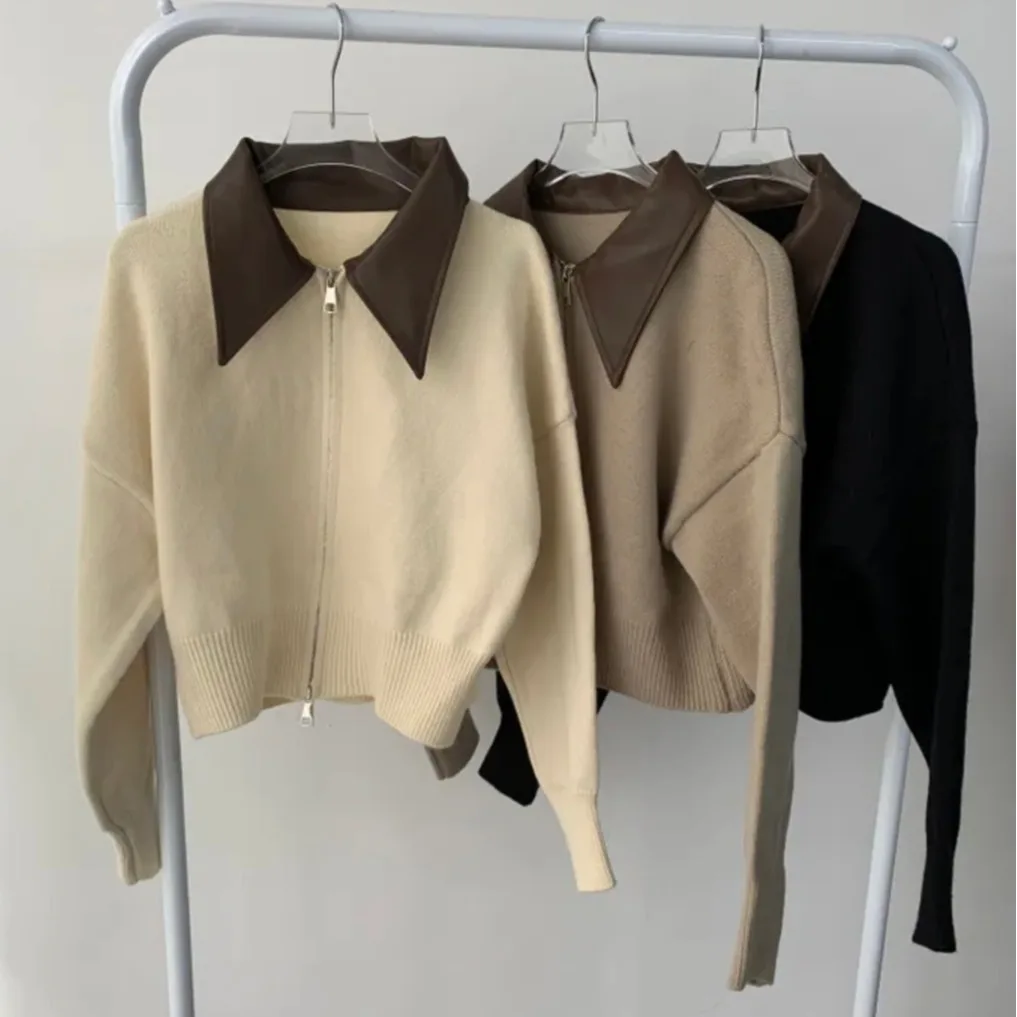 Elegancki sweter damski z zamkiem błyskawicznym, modny, wyszczuplający kardigan, długi sweter dzianinowy dla kobiet o niskiej staturze.