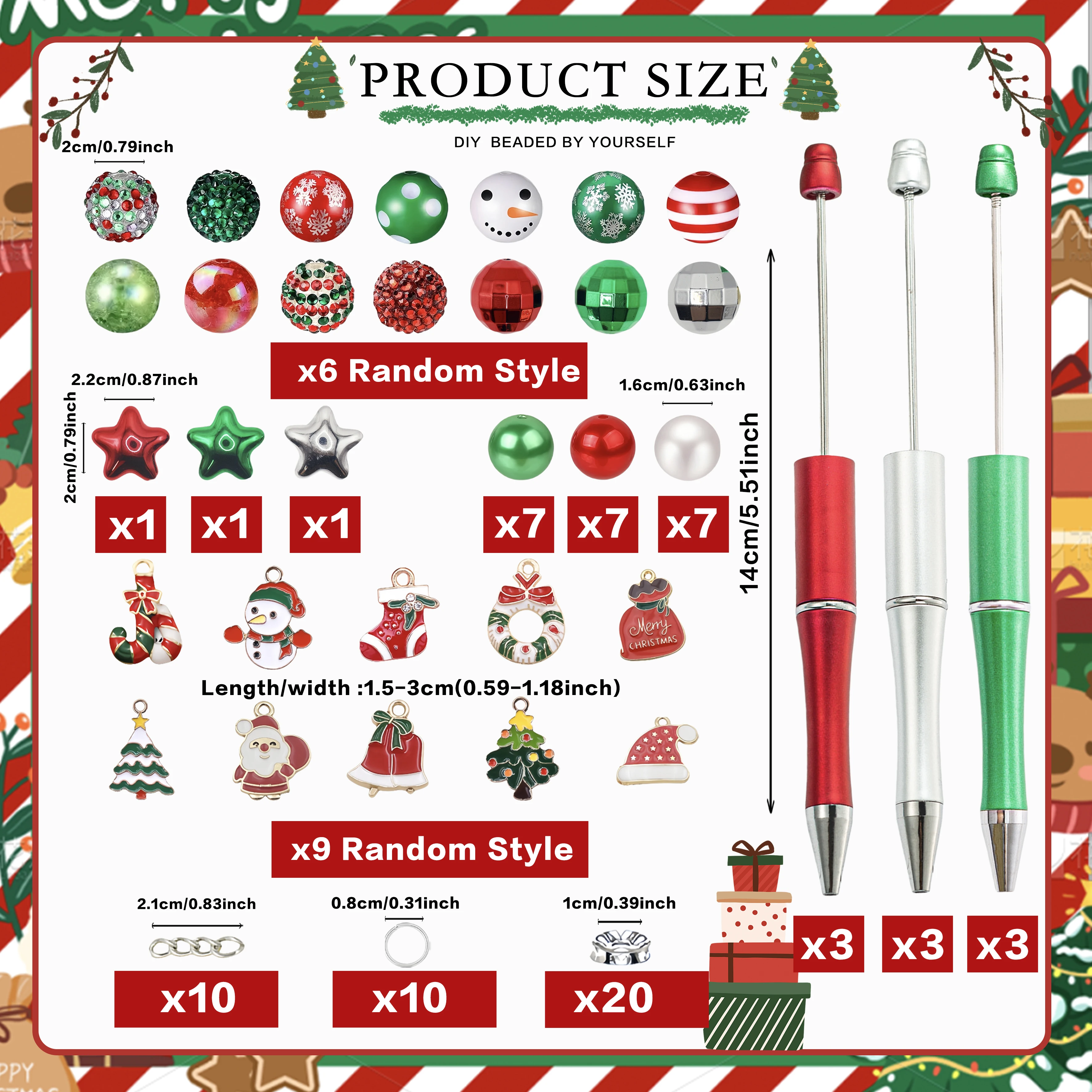 9PCS Red Green Silver Christmas Themed DIY Bead Ballpoint Pen & Acrylic Star Bead & Santa Claus Snowman Pine Tree Bell Pendant
