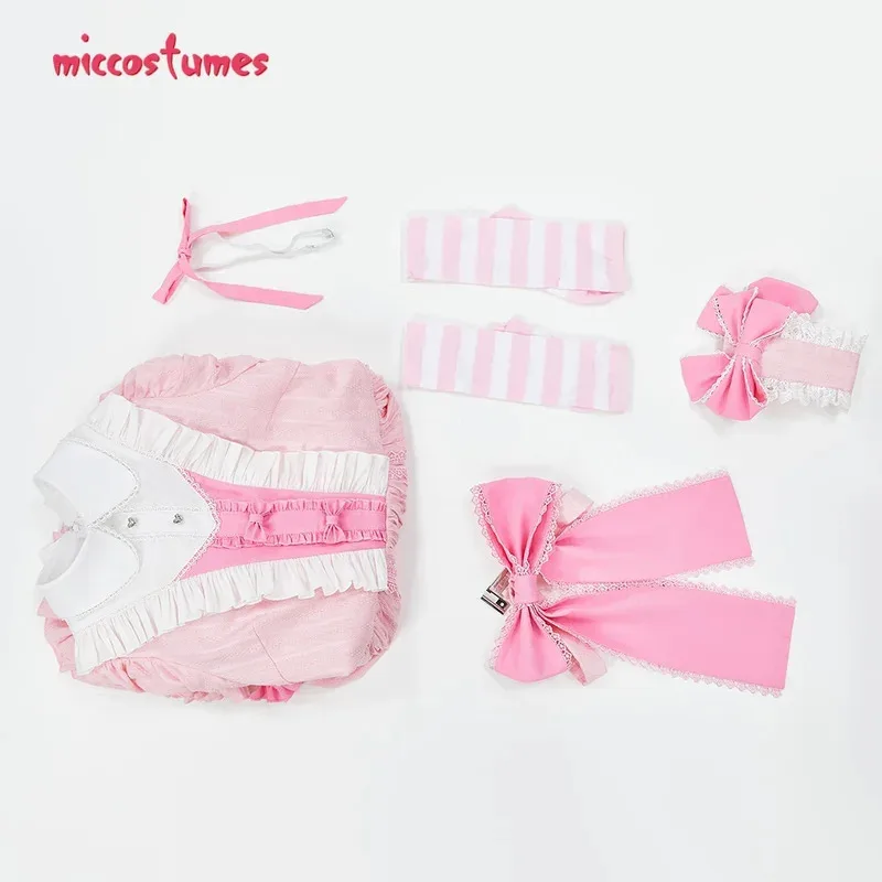 25 cosmiccostumes feminino calcinha meia cosplay traje rosa lolita vestido conjunto com acessório de cabeça e coxa meias altas