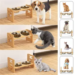 Bamboo Elevated Dog Bowls with Stand Adjustable Raised Puppy Cat Food Water Bowls Holder Feeder for Small Medium Pets