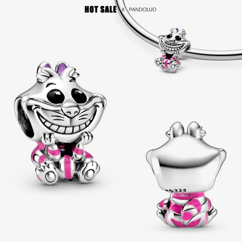 Disney Series Alice in Wonderland Cheshire Cat Charm Beads Fits Pandora Bracelet For Women Silver Pendant Bead Jewelry Gift