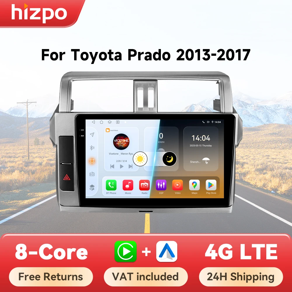 Hizpo 2 din Android 14 Autoradio pour Toyota Land Cruiser Prado 150 2013-2017 Radio de voiture Navigation multimédia CarPlay Stéréo 6115