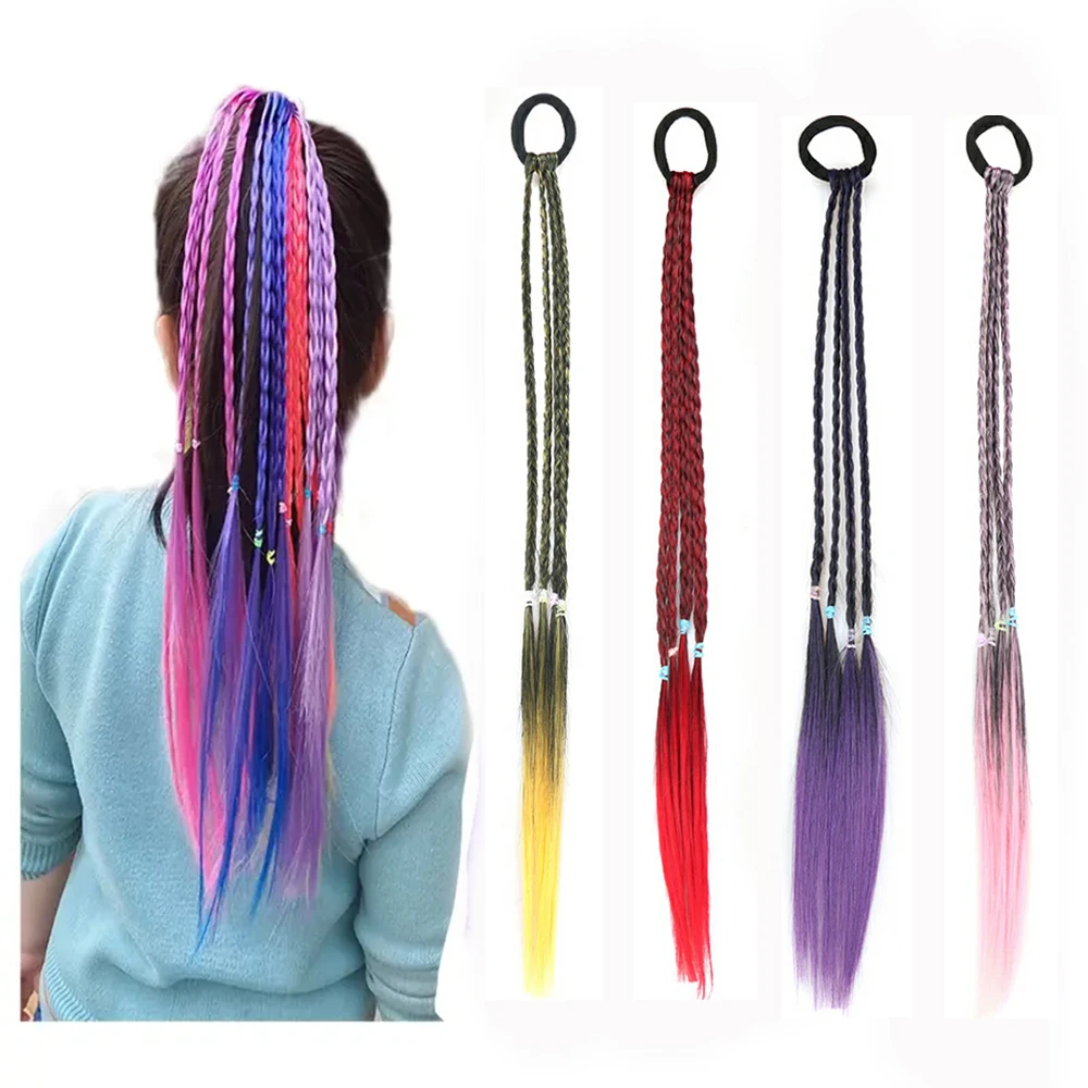 2PCS 45cm Rainbow Ponytail Girls Kids Hair Extension Synthetic wigs Dreadlocks Braids With Rubber Band Y2K Colorful Ponytail wig