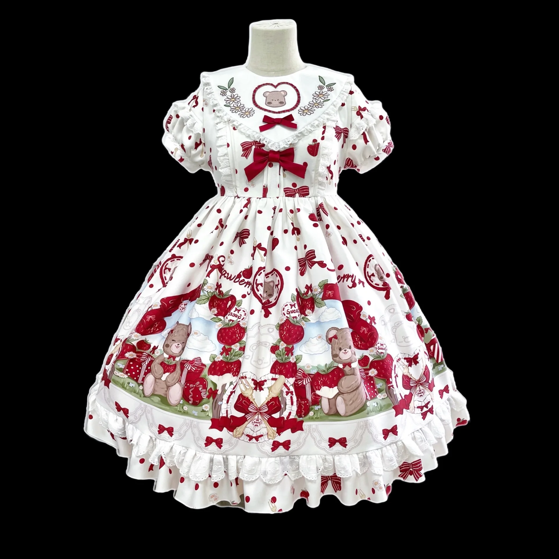Japanese Sweet Girl Lolita Dress Embroidered Bow Round Neck Puff Sleeve High Waist Slim Fit A-line Cute Print Short Dress Women