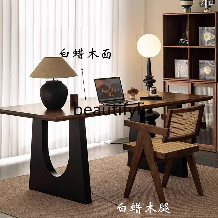 

YH03 Solid wood dining table Walnut color Long workbench Home dining desk Integrated meeting desk