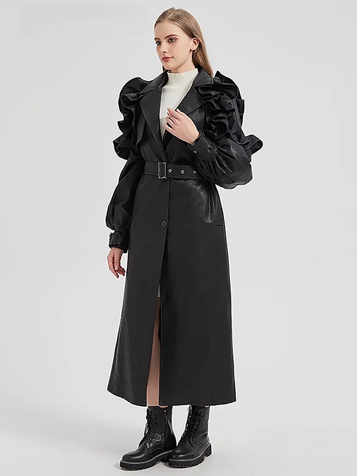 Nerazzurri Long Sleeve Leather Jacket Women's High Length Coat Red Lace Hem Commute Style Loose Fit PU Leather Fashion
