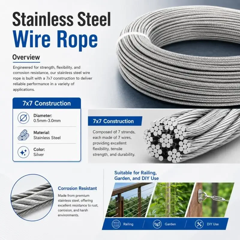 5~10m Stainlesss Steel Wire Rope 0.5-3mm Rustproof Lifting Cable for Zipline Deck Railing Outdoor
