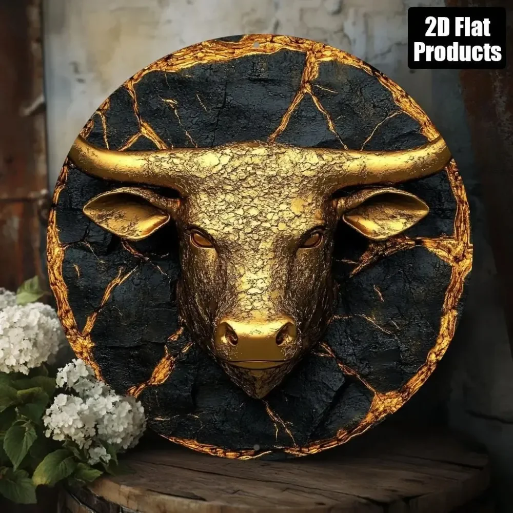 Taurus Bull Head Metal Sign 8x8 Inch Vintage Wall Art, Golden Black Cracked Texture Home Office Decor
