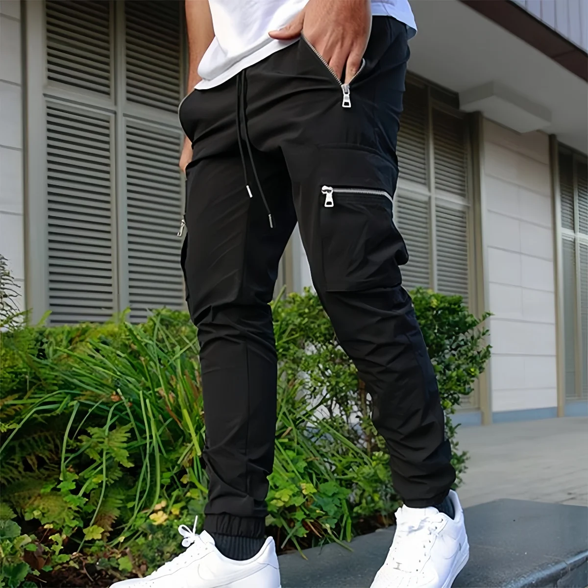 

Men's Casual Sports Spring Work Pants Mid-Waist Small-Leg Long Pants Four-Season Pocket Zipper Pencil Pants