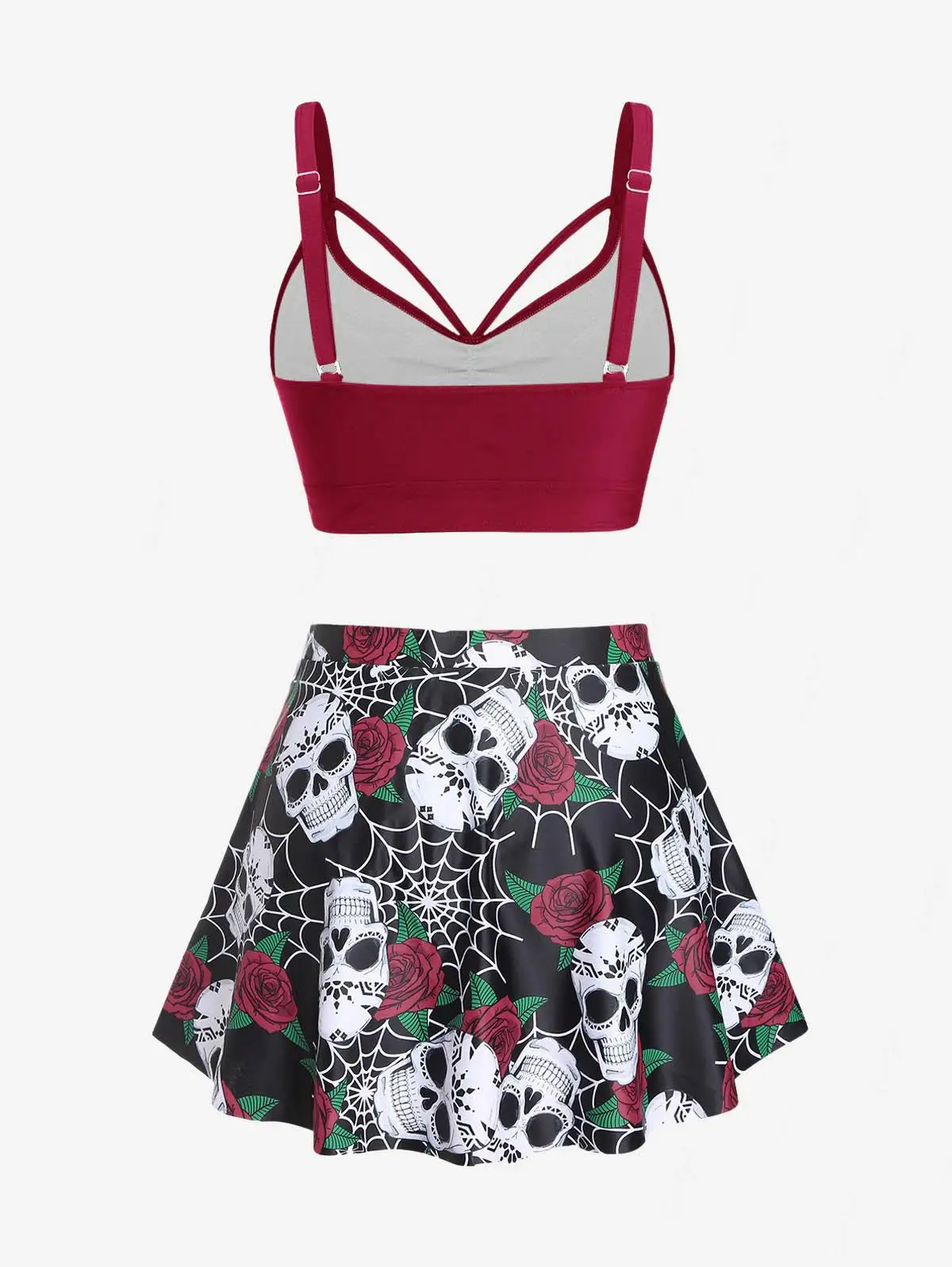 ROSEGAL Conjunto de Tankini acolchado fruncido con estampado de calaveras rosas góticas de talla grande para mujer, traje de baño de playa de verano de dos piezas