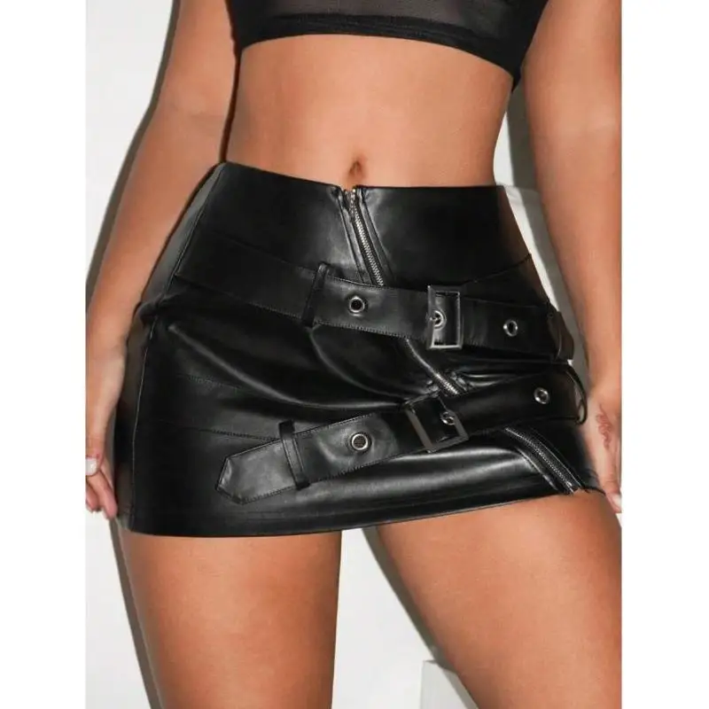 

Bla Skirt with Zipper Detail PU Belt 547 Waist Cross-Border J Generation Diagonal Design Vintage Ciwalk ort Pants