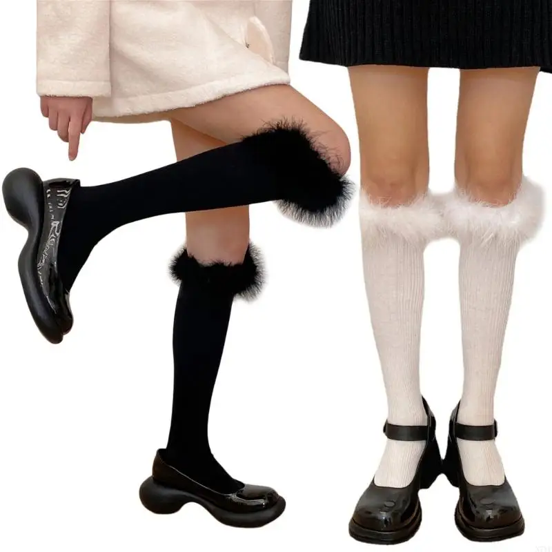 N7YF Women Japanese Cotton Knee High Socks Vintage Furry Trim Solid Stockings