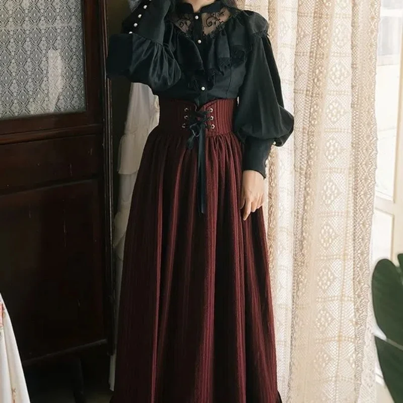 

French Style European Court Retro Long Sleeved Lace Shirt Striped Long Skirt Two-piece Dress Dark Lolita