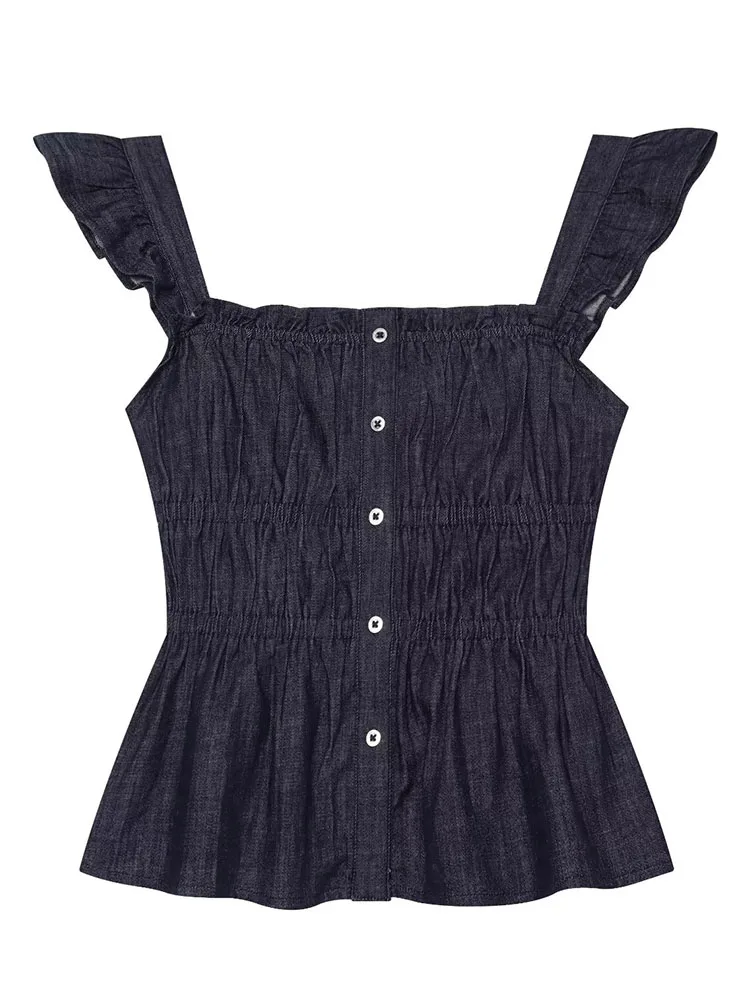 HH Women Summer Casual Denim Peplum Top Square Neck Ruffled Straps Button Front Smocked Waist Flared Hem For Vacation Party Wear
