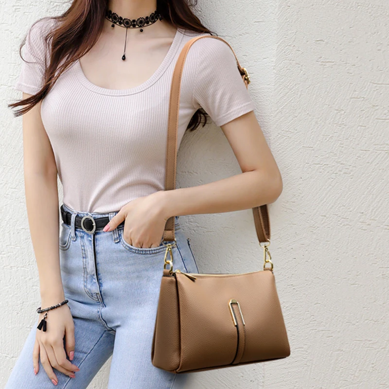 New Women Genuine Leather Handbags Shoulder Bags Two Shoulder Strap Female Fashion Shoulder Crossbody Bags For Ladies Totes