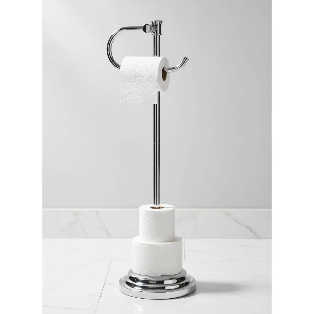 

Free Standing Toilet Paper Holder with Storage & Towel Bar - Polished Chrome Stainless Steel Bathroom Organizer