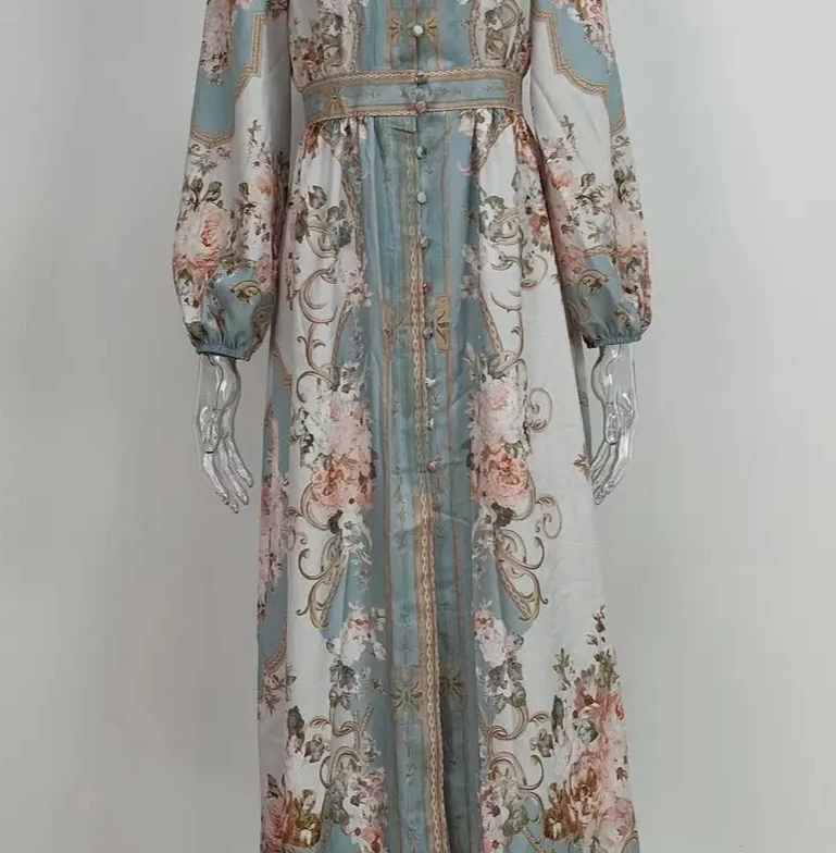 Abito lungo da sera da sera con stampa floreale retrò da donna, manica lunga a sbuffo, scollo a V, abbottonato, elegante abito lungo da festa