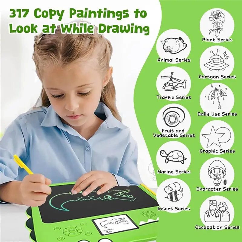 AS96-Reusable Electronic Writing Pad LCD Doodle Board Tablet Dinosaur Shaped Color Drawing Learning Screen Sound Enabled