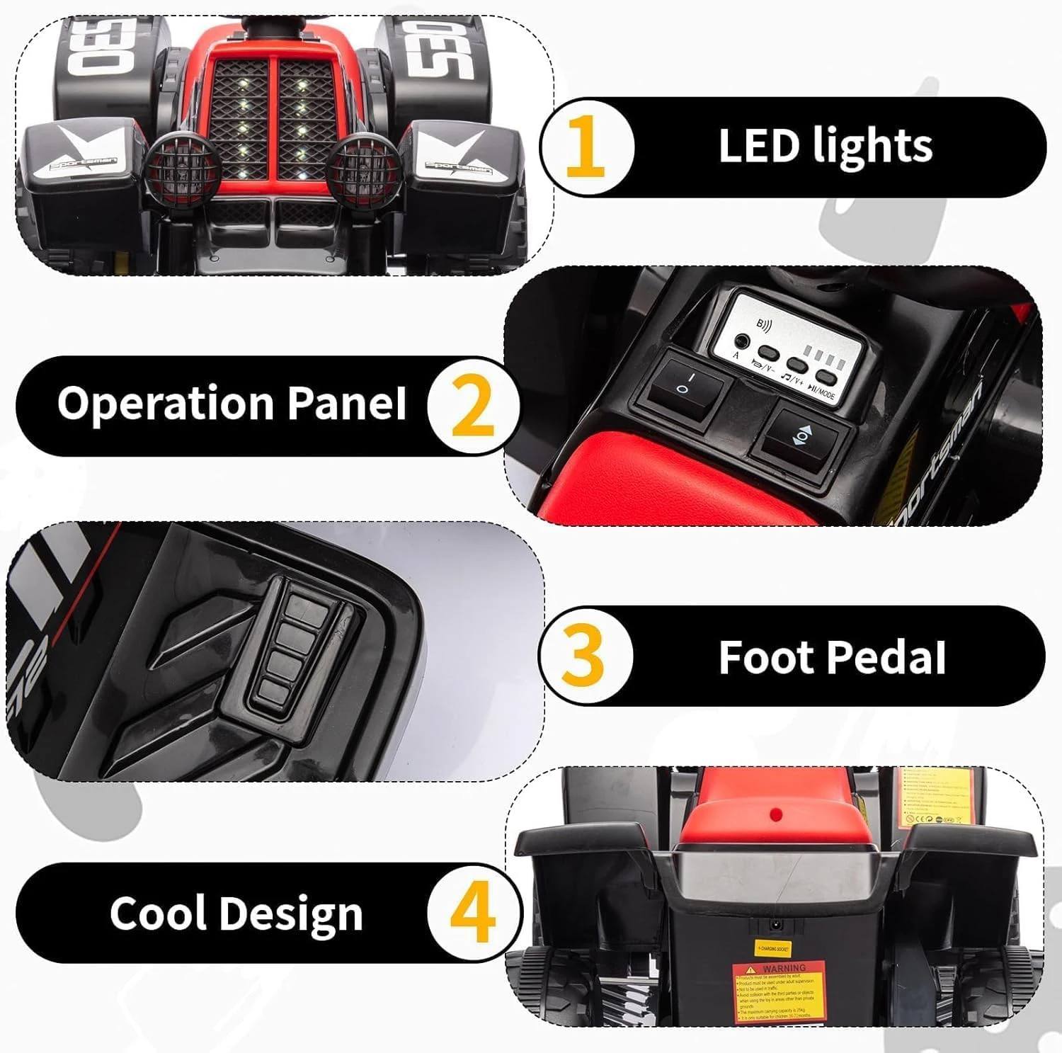 سيارة رباعية كهربائية للأطفال بمقعد رباعي 6 فولت مع أضواء وموسيقى LED، بوق، تشغيل بزر واحد، 1.8 كم/ساعة، مركبة صغيرة من 3 سنوات #6