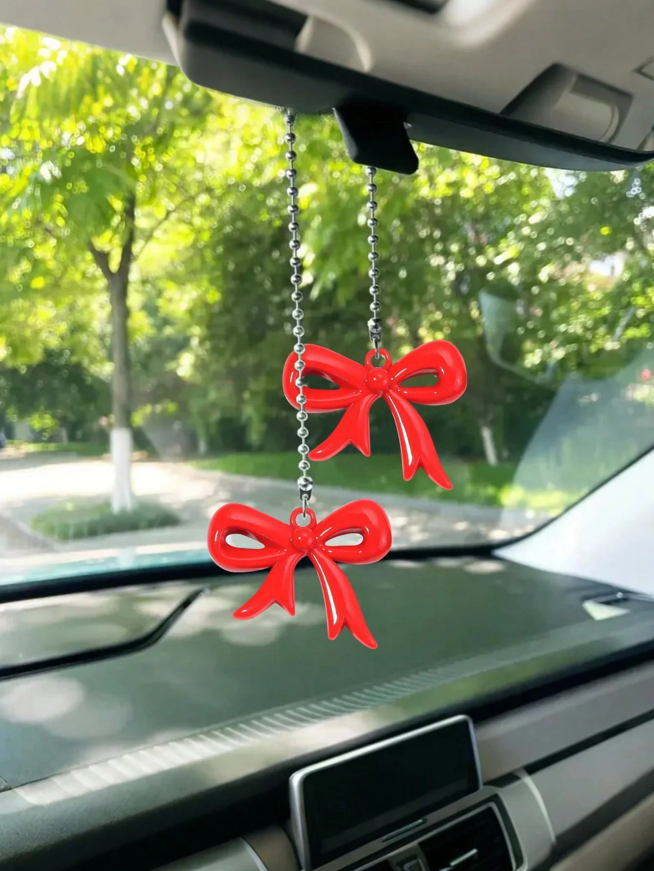 Cute & Classy Bow Rearview Mirror Charm, Sleek Stainless Steel Beaded Chain, Feminine Touch (No View Block), Decorative Rearview