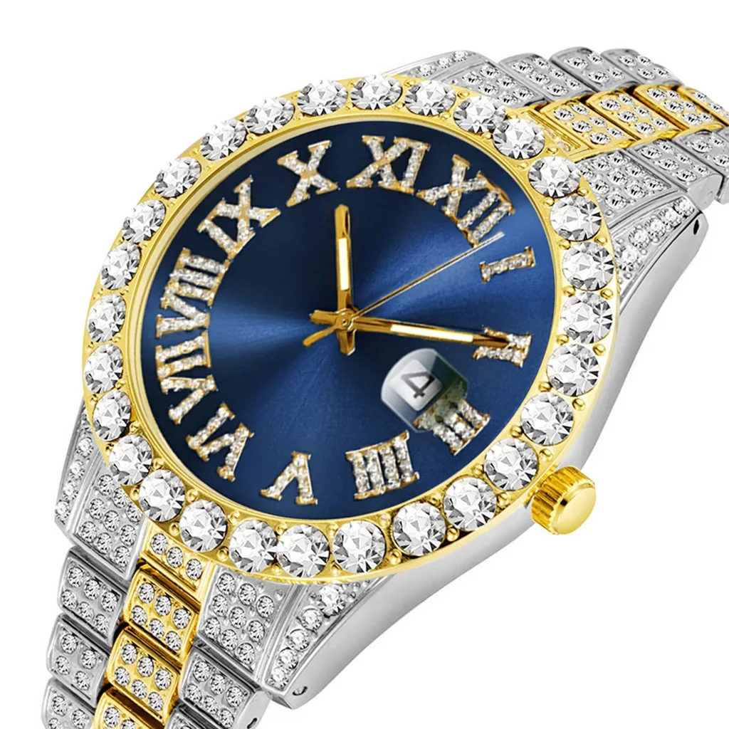 

Diamond Watch for Mens Top Brand Luxury Full Iced Out Watch Big Red Dial Military Hip Hop Quartz Wristwatch Relogio Masculino