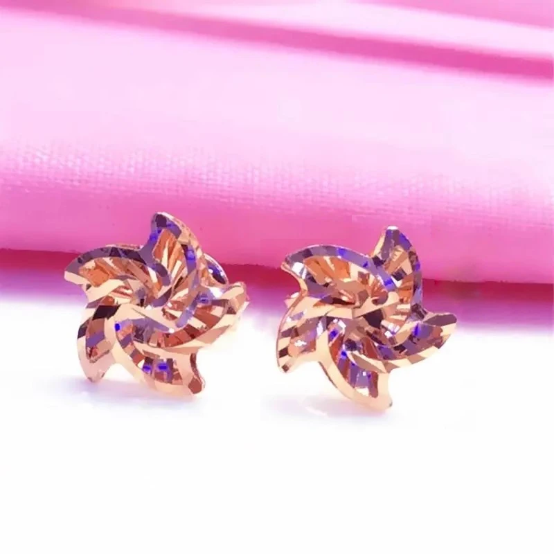 Fashion New in Plated 14K Rose Gold Windmill Design earrings for women Shiny 585 Purple Gold stud earings party Jewelry