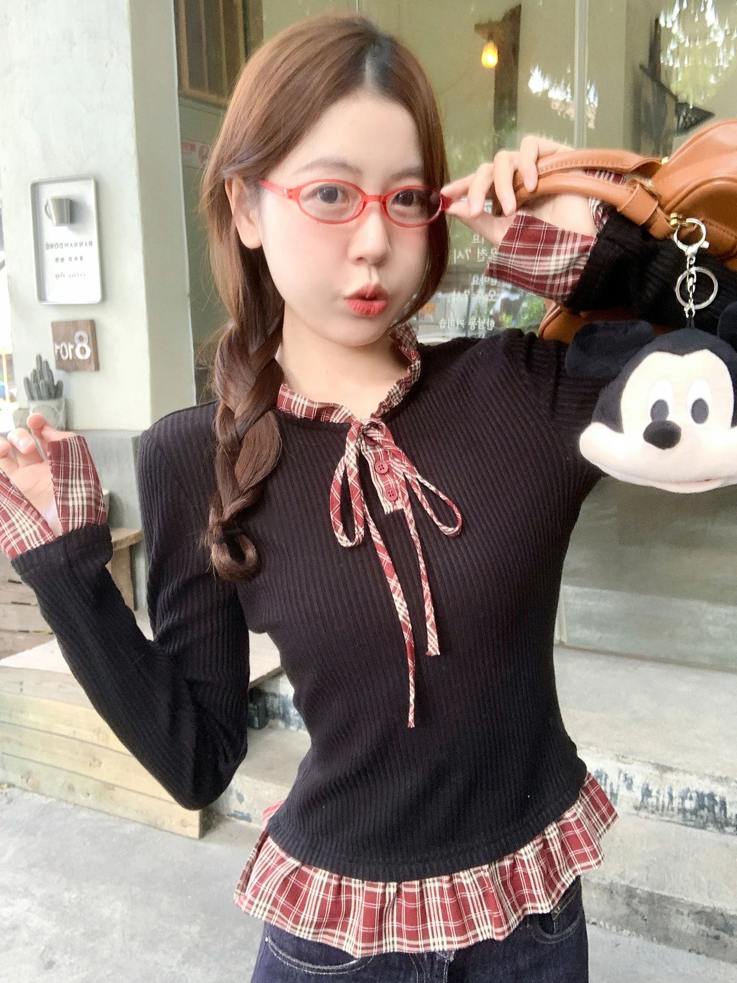 

Zeng Xiao Salted Winter Red Plaid Long Sve Slim Fit Women's Base irt Inner Wear T-irt Korean Sle Commute Faion