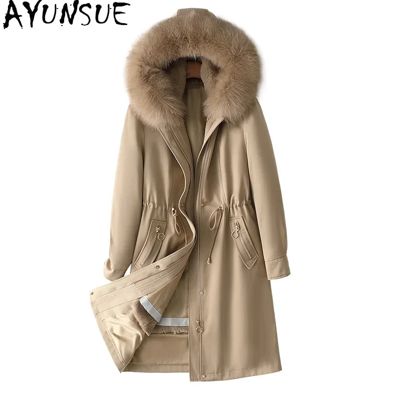 

Real AYUNSUE Fur Parka Womens Clothing 2024 Autumn Winter High Quality Rabbit Liner Warm Coats and Jackets Fox Collar