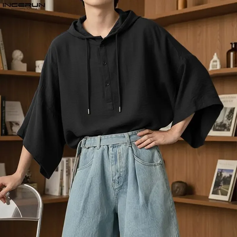 INCERUN Men's Shirt Solid Oversize Hooded Short Sleeve Men Clothes Tops Streetwear Summer Korean Style Casual Shirts For Man