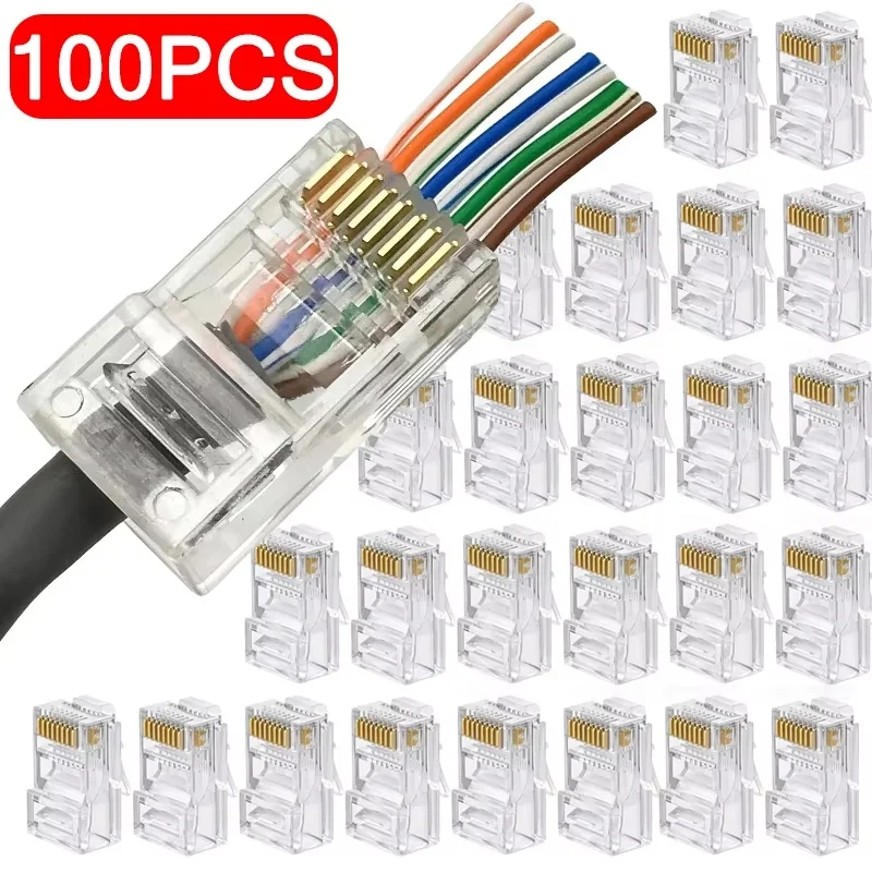 100pcs RJ45 Connector CAT6 Pass Through Connectors Crystal End Gold-Plated 8P8C Crimp UTP Standard Ethernet Network Modular Plug