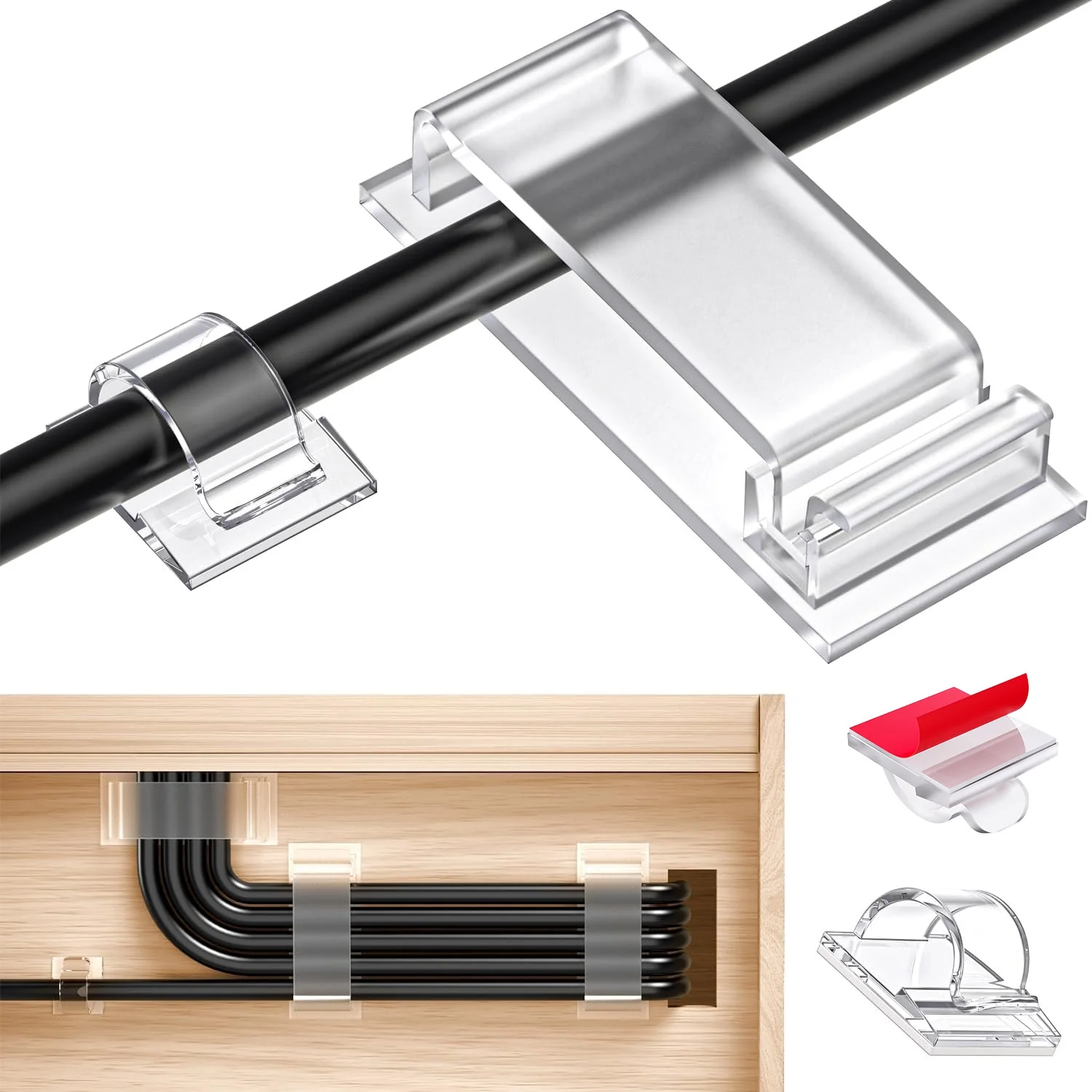 70PCS Cable Organizer Wire Winder 50 Small Cable Holder 20 Large Cord Management Cable Clips for Cables Management Home Office