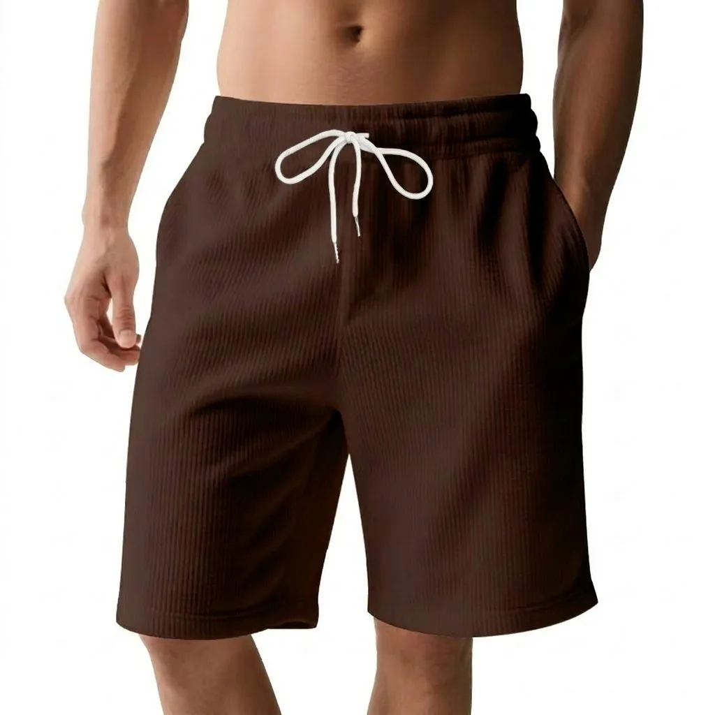 New trendy and breathable men's ribbed texture short pants with lightweight lace-up waistband, casual street style, casual sport