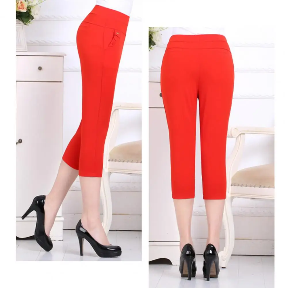 

Solid Color Leggings High Waist Cropped Pants for Middle-aged Women Slim Fit Trousers with Pockets Solid Color for Streetwear